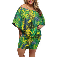 Hawaii Summer Tropical Leaves Family Matching Off Shoulder Short Dress and Hawaiian Shirt LT01 Mom's Dress Yellow - Polynesian Pride