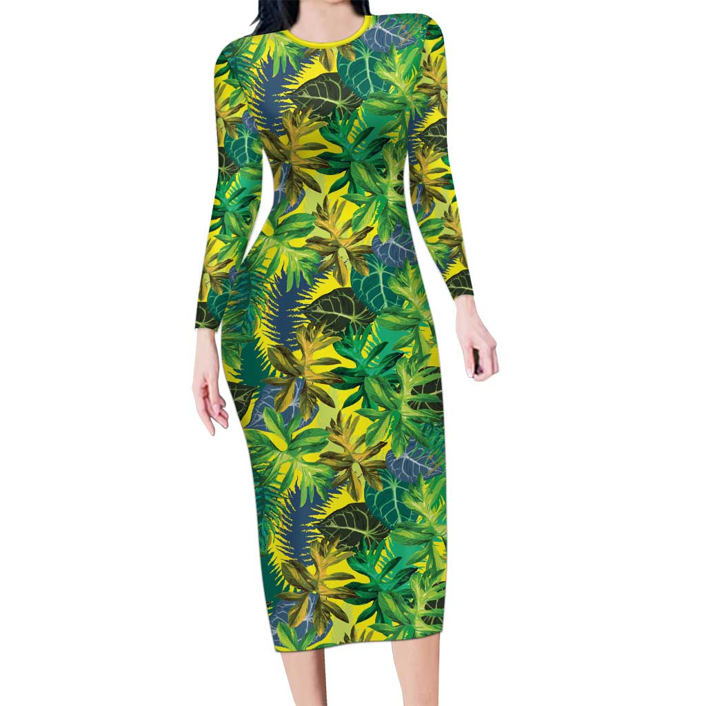 Hawaii Summer Tropical Leaves Long Sleeve Bodycon Dress - Polynesian Pride