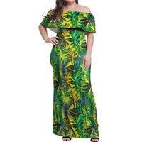 Hawaii Summer Tropical Leaves Off Shoulder Maxi Dress - Polynesian Pride