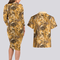 Hawaii Gold Tropical Leaves Couples Matching Long Sleeve Bodycon Dress and Hawaiian Shirt LT01 - Polynesian Pride