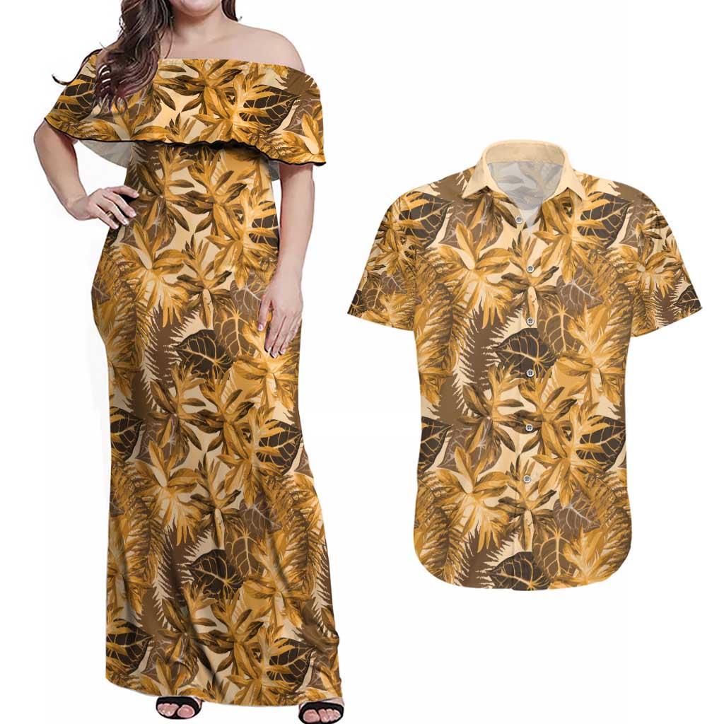 Hawaii Gold Tropical Leaves Couples Matching Off Shoulder Maxi Dress and Hawaiian Shirt LT01 Gold - Polynesian Pride