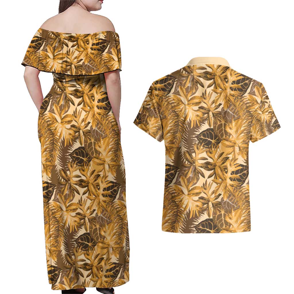 Hawaii Gold Tropical Leaves Couples Matching Off Shoulder Maxi Dress and Hawaiian Shirt LT01 - Polynesian Pride
