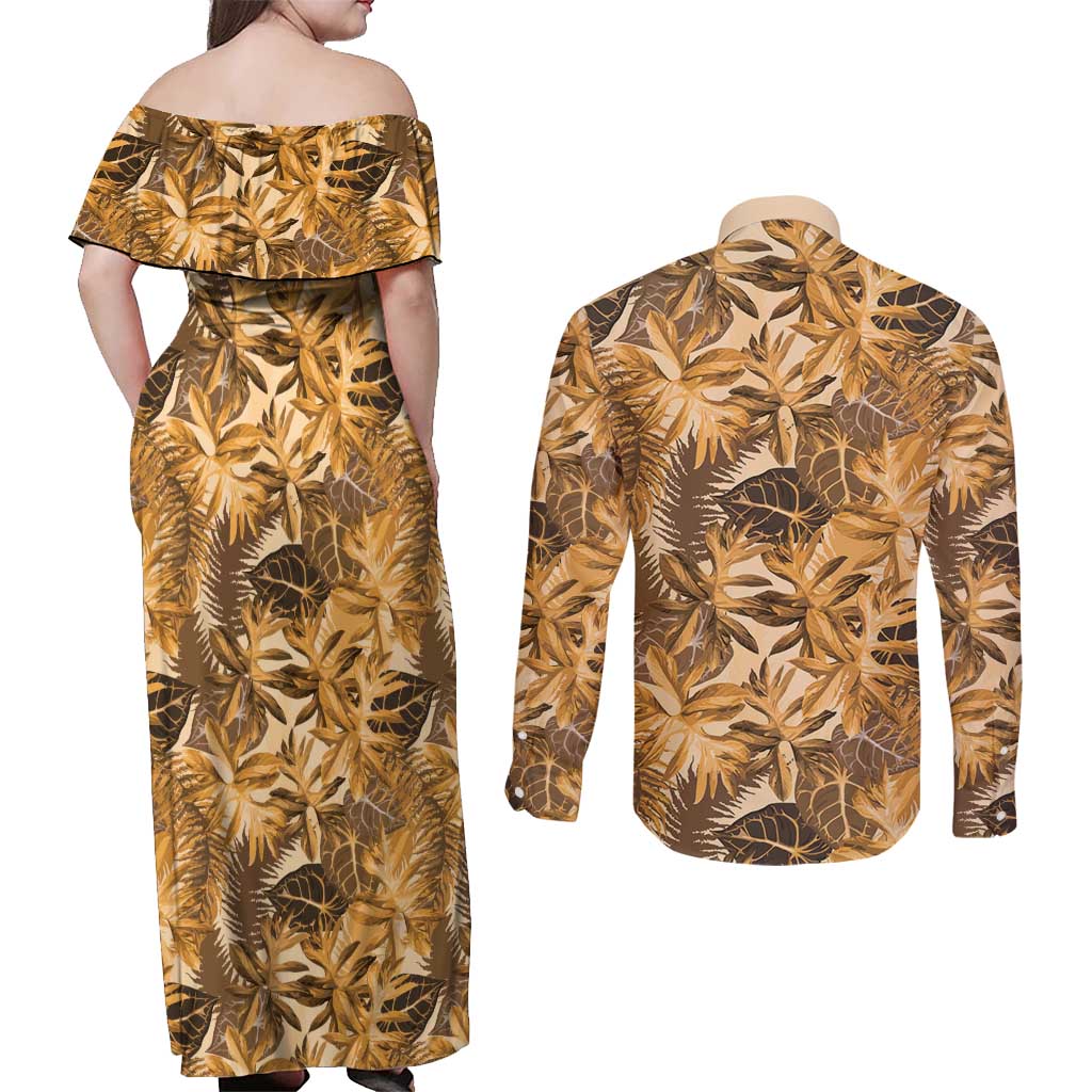 Hawaii Gold Tropical Leaves Couples Matching Off Shoulder Maxi Dress and Long Sleeve Button Shirt LT01 - Polynesian Pride