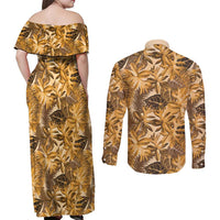 Hawaii Gold Tropical Leaves Couples Matching Off Shoulder Maxi Dress and Long Sleeve Button Shirt LT01 - Polynesian Pride