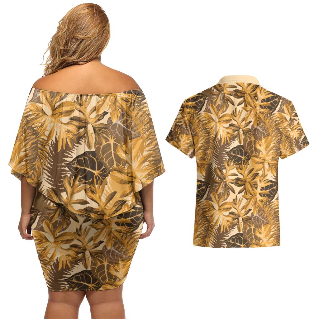 Hawaii Gold Tropical Leaves Couples Matching Off Shoulder Short Dress and Hawaiian Shirt LT01 - Polynesian Pride