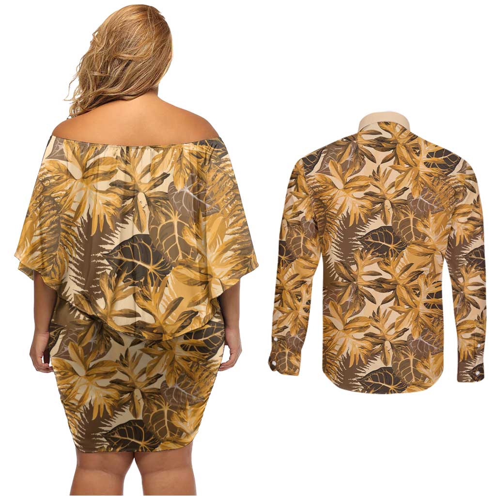 Hawaii Gold Tropical Leaves Couples Matching Off Shoulder Short Dress and Long Sleeve Button Shirt LT01 - Polynesian Pride