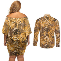 Hawaii Gold Tropical Leaves Couples Matching Off Shoulder Short Dress and Long Sleeve Button Shirt LT01 - Polynesian Pride