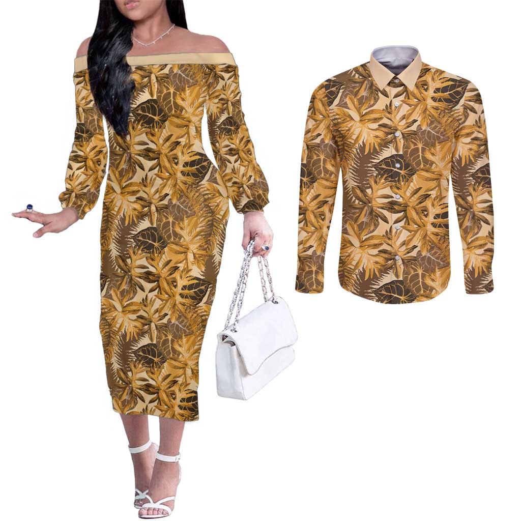 Hawaii Gold Tropical Leaves Couples Matching Off The Shoulder Long Sleeve Dress and Long Sleeve Button Shirt LT01 Gold - Polynesian Pride