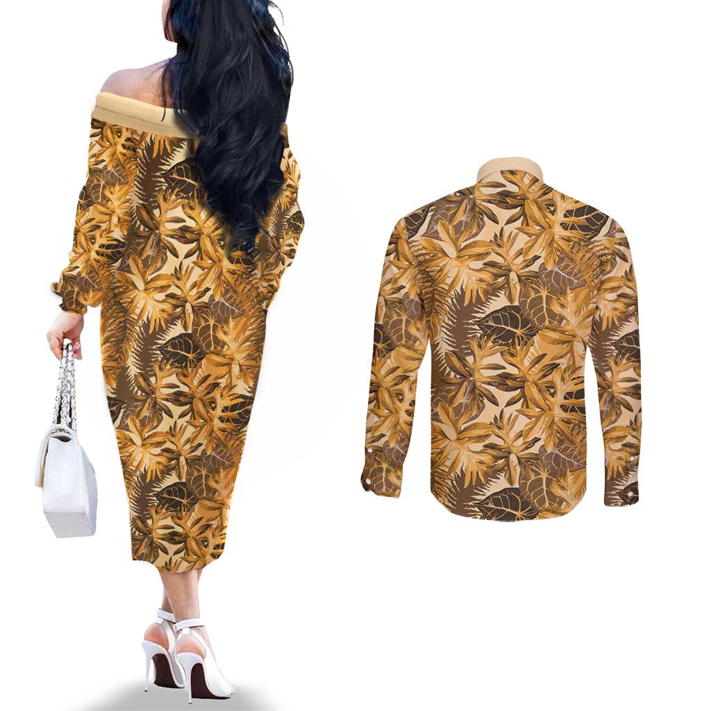 Hawaii Gold Tropical Leaves Couples Matching Off The Shoulder Long Sleeve Dress and Long Sleeve Button Shirt LT01 - Polynesian Pride