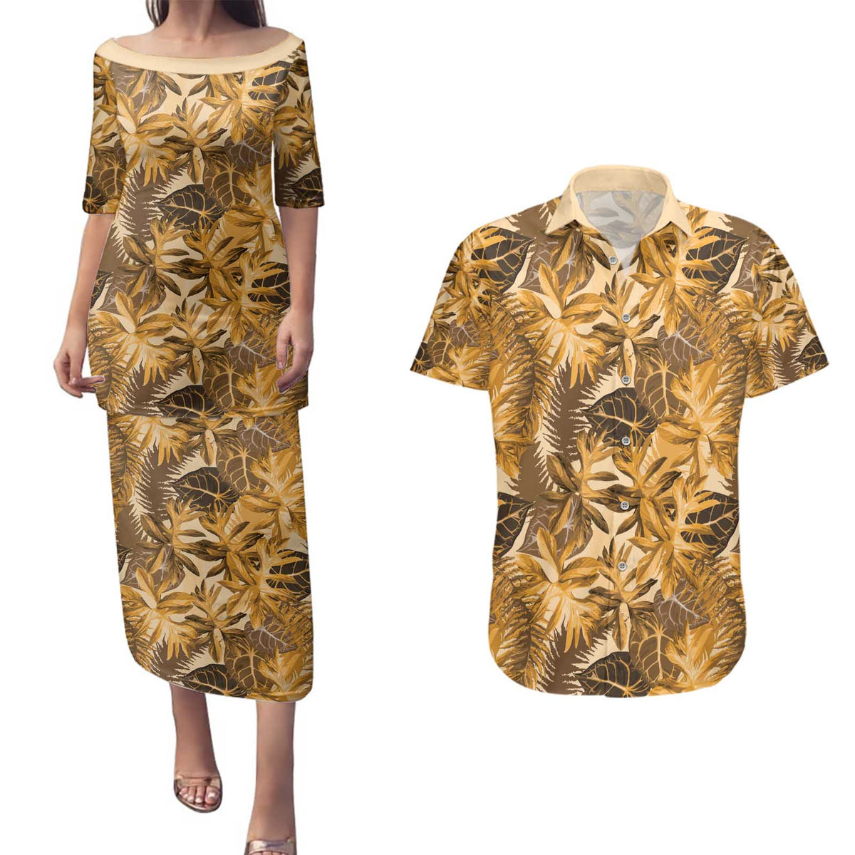 Hawaii Gold Tropical Leaves Couples Matching Puletasi and Hawaiian Shirt LT01 Gold - Polynesian Pride