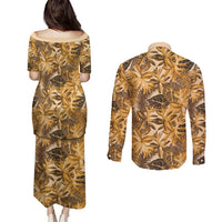Hawaii Gold Tropical Leaves Couples Matching Puletasi and Long Sleeve Button Shirt LT01 - Polynesian Pride