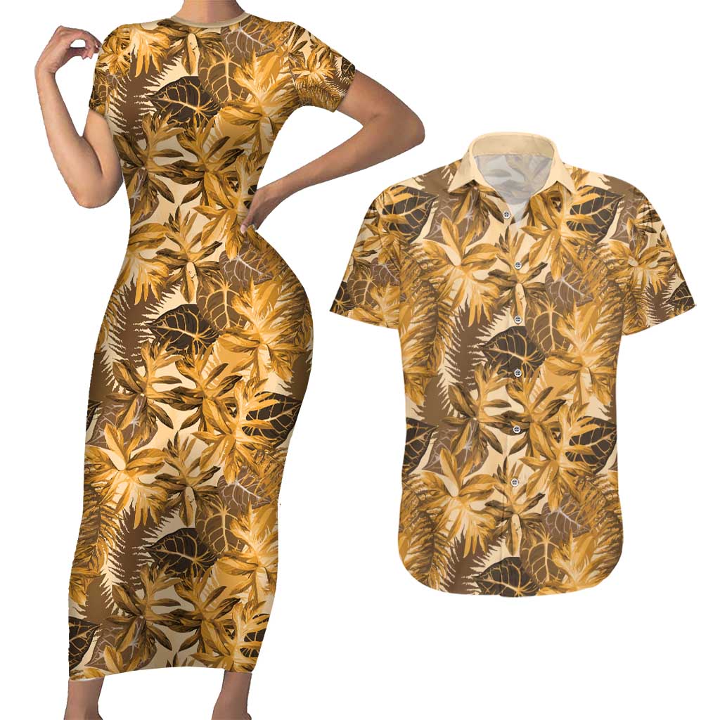 Hawaii Gold Tropical Leaves Couples Matching Short Sleeve Bodycon Dress and Hawaiian Shirt LT01 Gold - Polynesian Pride