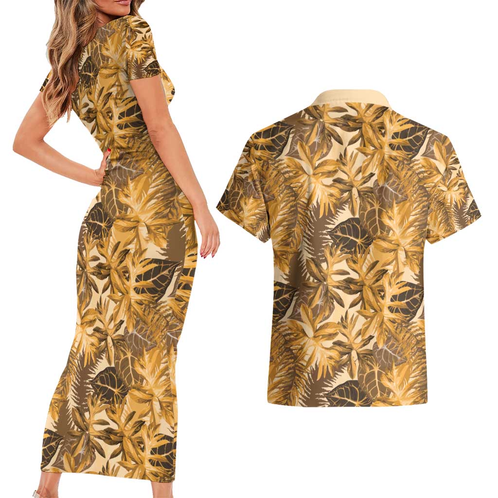 Hawaii Gold Tropical Leaves Couples Matching Short Sleeve Bodycon Dress and Hawaiian Shirt LT01 - Polynesian Pride
