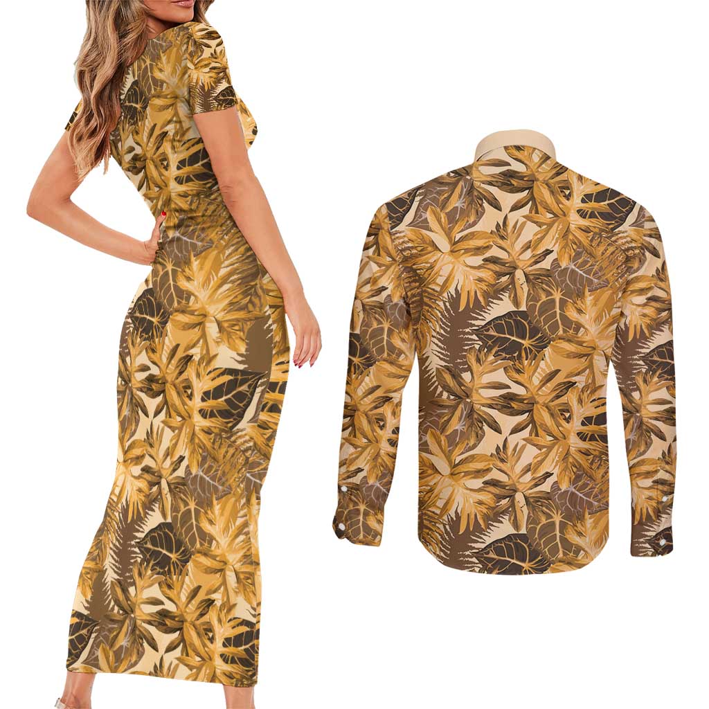 Hawaii Gold Tropical Leaves Couples Matching Short Sleeve Bodycon Dress and Long Sleeve Button Shirt LT01 - Polynesian Pride