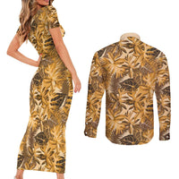Hawaii Gold Tropical Leaves Couples Matching Short Sleeve Bodycon Dress and Long Sleeve Button Shirt LT01 - Polynesian Pride