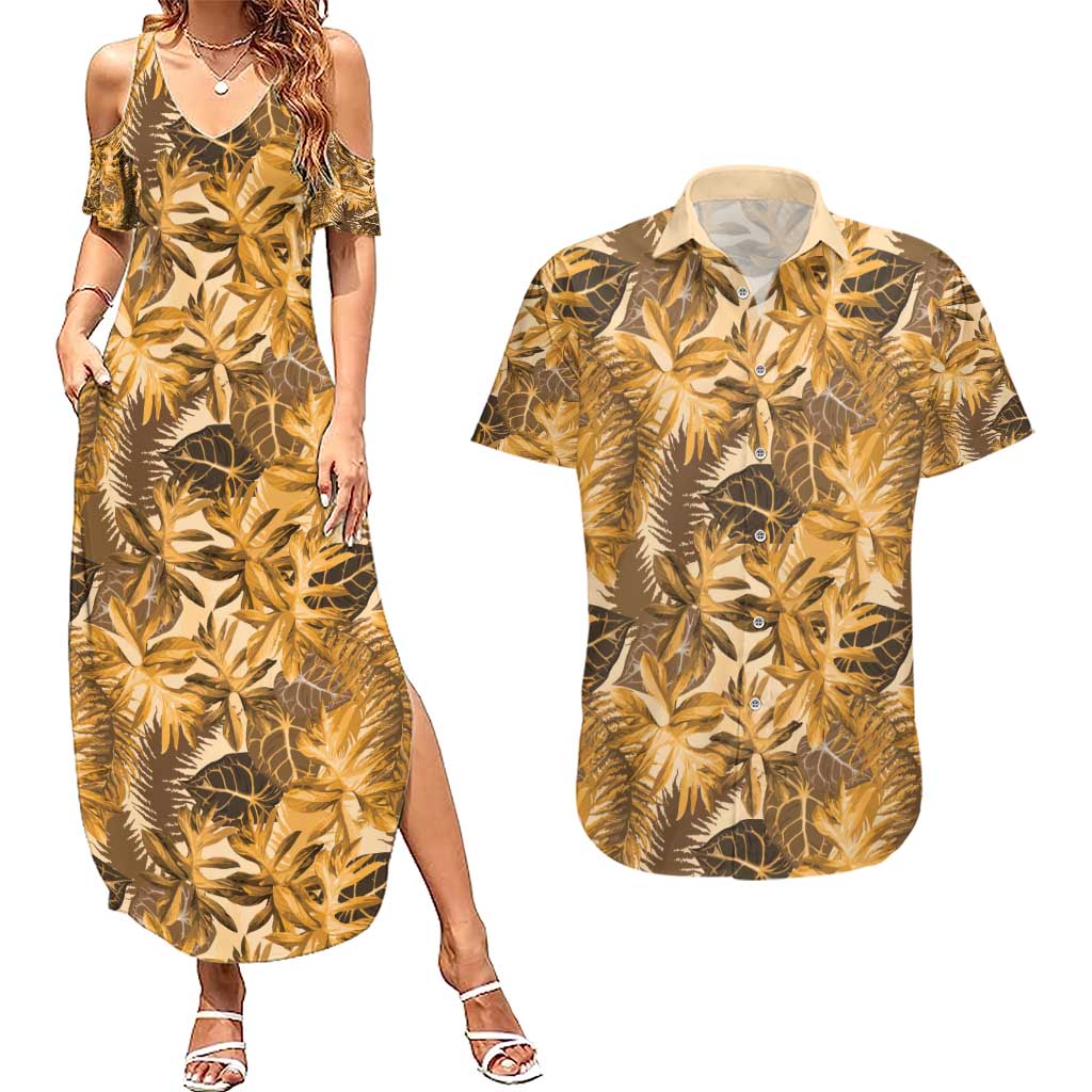 Hawaii Gold Tropical Leaves Couples Matching Summer Maxi Dress and Hawaiian Shirt LT01 Gold - Polynesian Pride