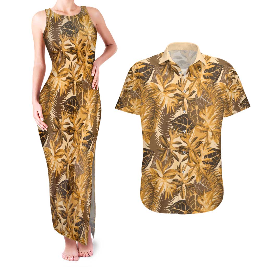 Hawaii Gold Tropical Leaves Couples Matching Tank Maxi Dress and Hawaiian Shirt LT01 Gold - Polynesian Pride