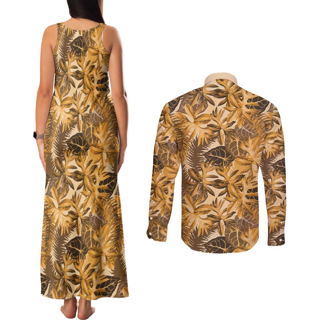 Hawaii Gold Tropical Leaves Couples Matching Tank Maxi Dress and Long Sleeve Button Shirt LT01 - Polynesian Pride