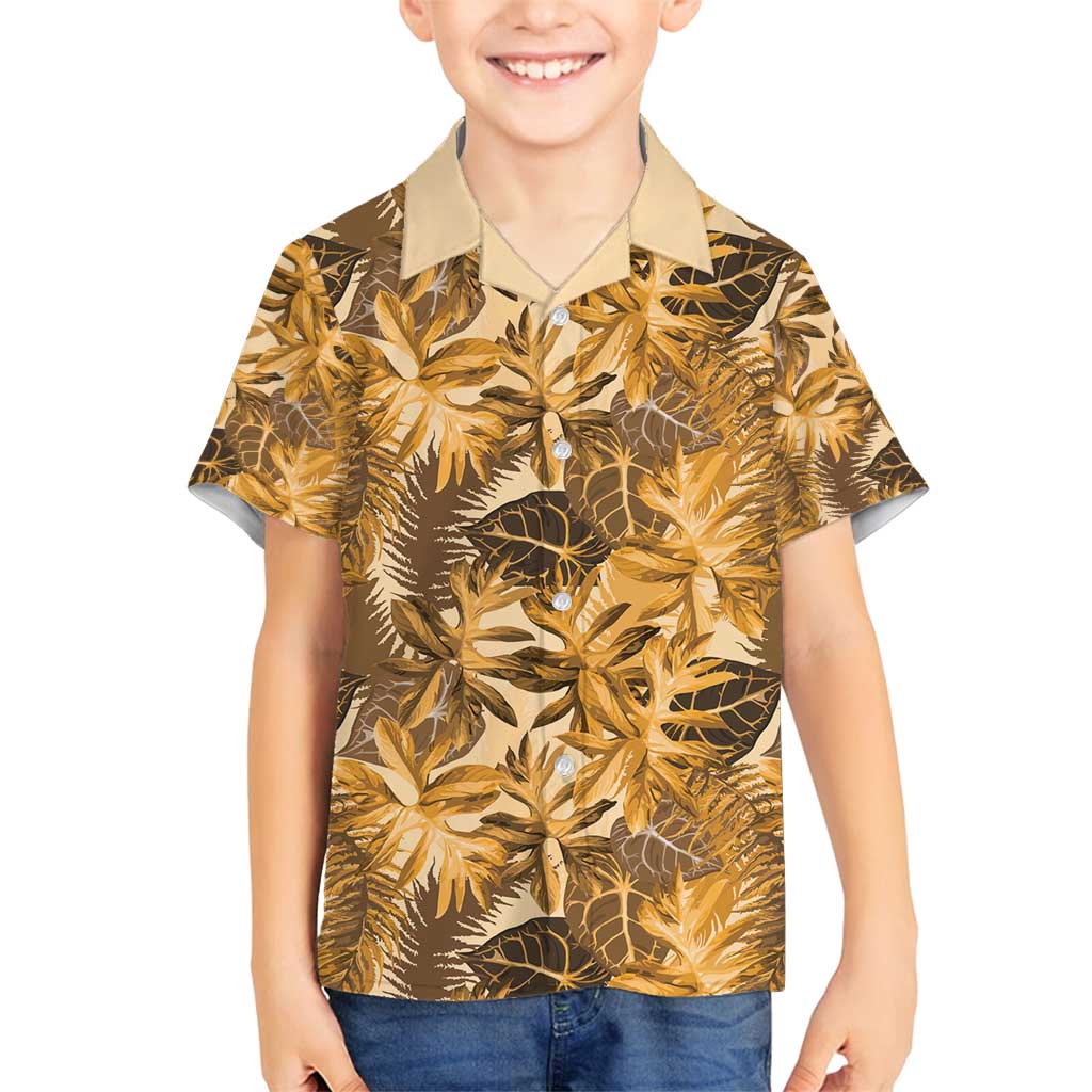 Hawaii Gold Tropical Leaves Family Matching Off Shoulder Maxi Dress and Hawaiian Shirt - Polynesian Pride