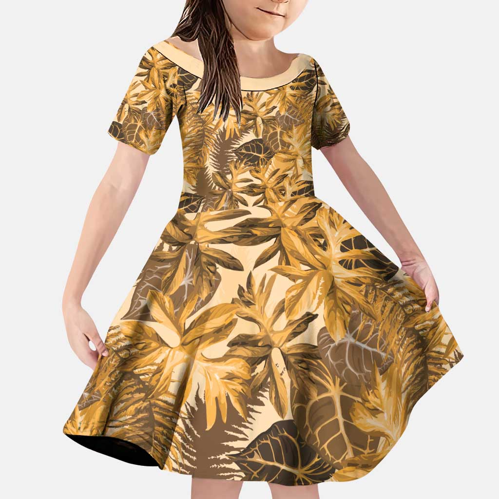Hawaii Gold Tropical Leaves Family Matching Puletasi and Hawaiian Shirt - Polynesian Pride