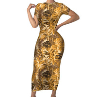 Hawaii Gold Tropical Leaves Family Matching Short Sleeve Bodycon Dress and Hawaiian Shirt - Polynesian Pride