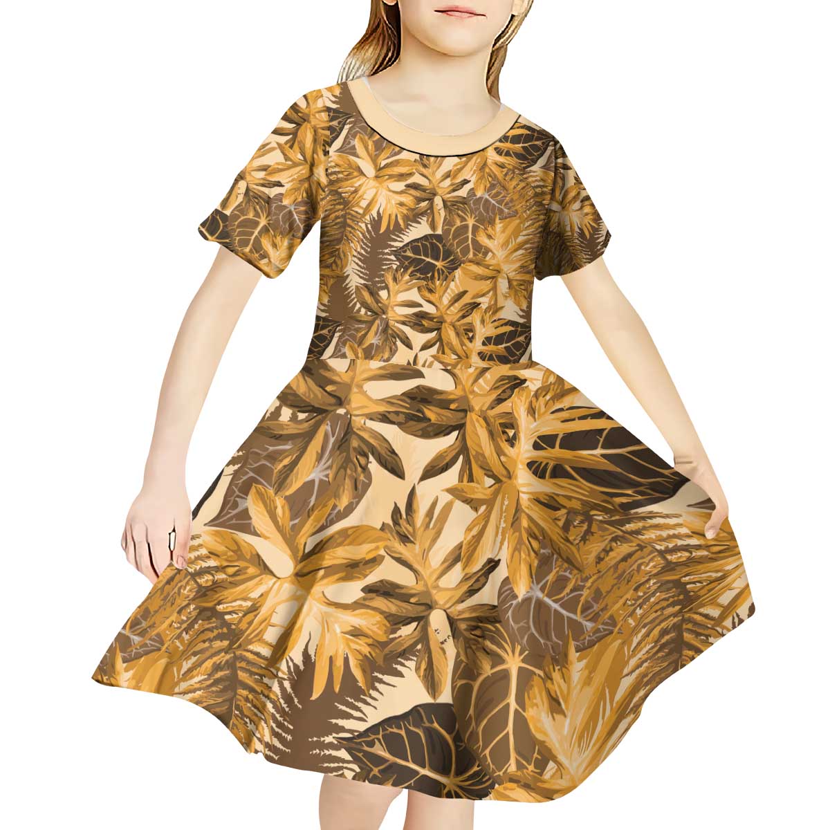 Hawaii Gold Tropical Leaves Kid Short Sleeve Dress - Polynesian Pride