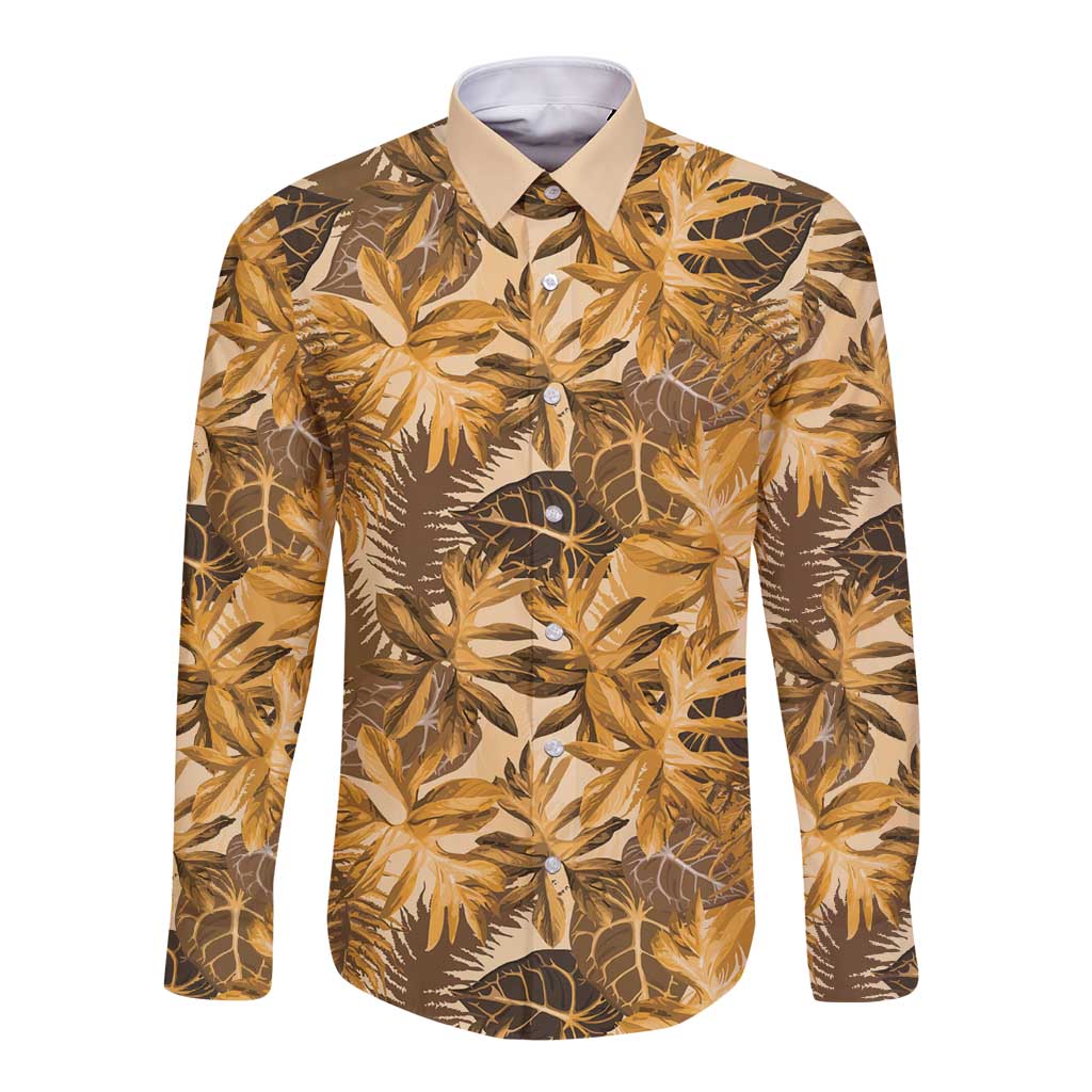Hawaii Gold Tropical Leaves Long Sleeve Button Shirt LT01 Unisex Gold - Polynesian Pride