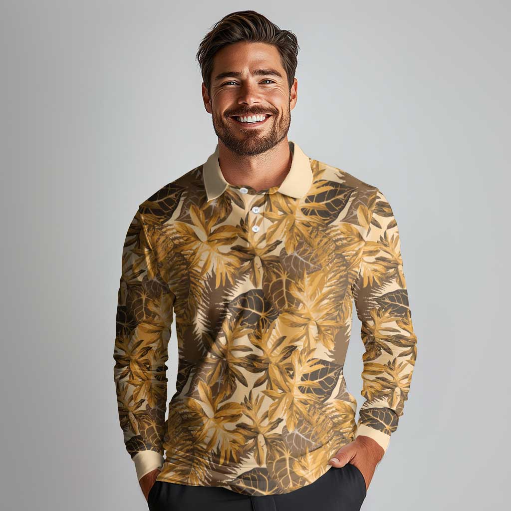 Hawaii Gold Tropical Leaves Long Sleeve Polo Shirt LT01 - Polynesian Pride