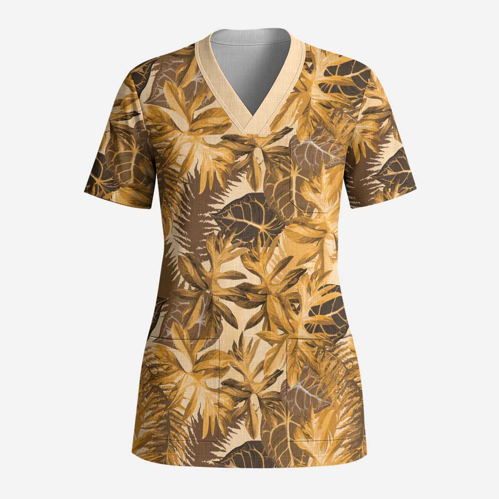 Hawaii Gold Tropical Leaves Scrub Top - Polynesian Pride