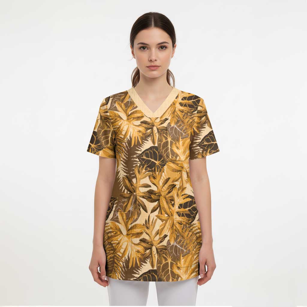 Hawaii Gold Tropical Leaves Scrub Top - Polynesian Pride