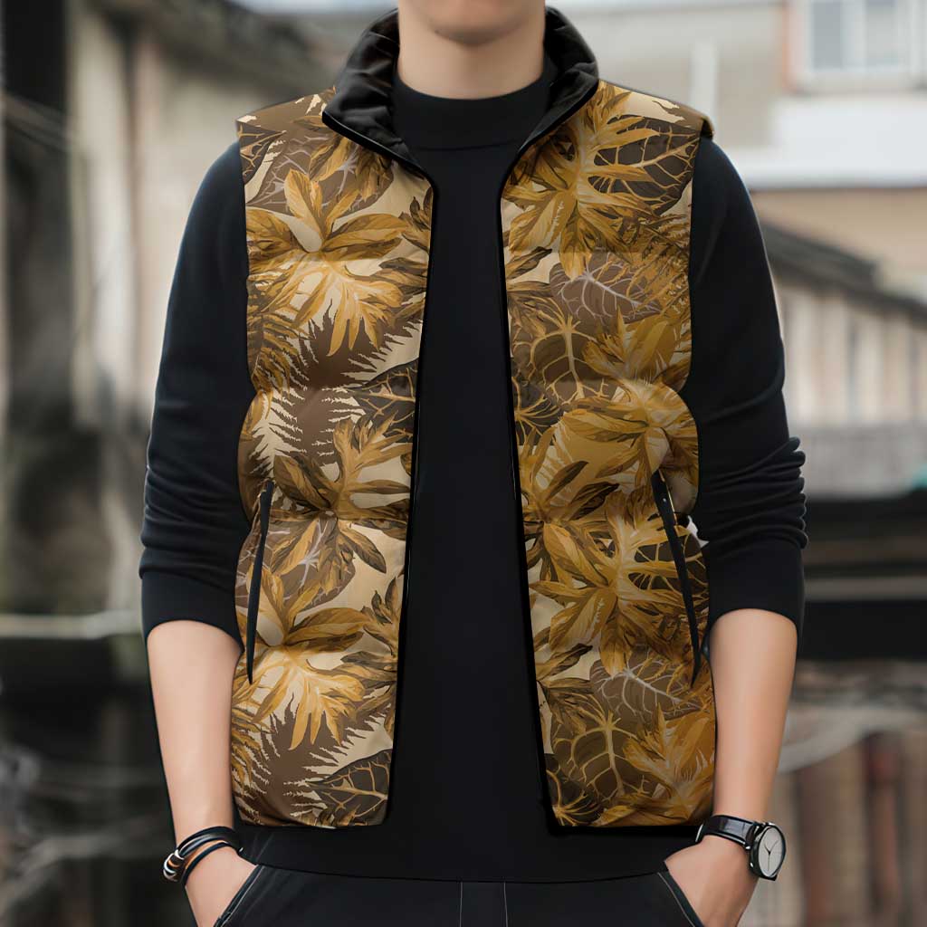 Hawaii Gold Tropical Leaves Sleeveless Puffer Jacket - Polynesian Pride