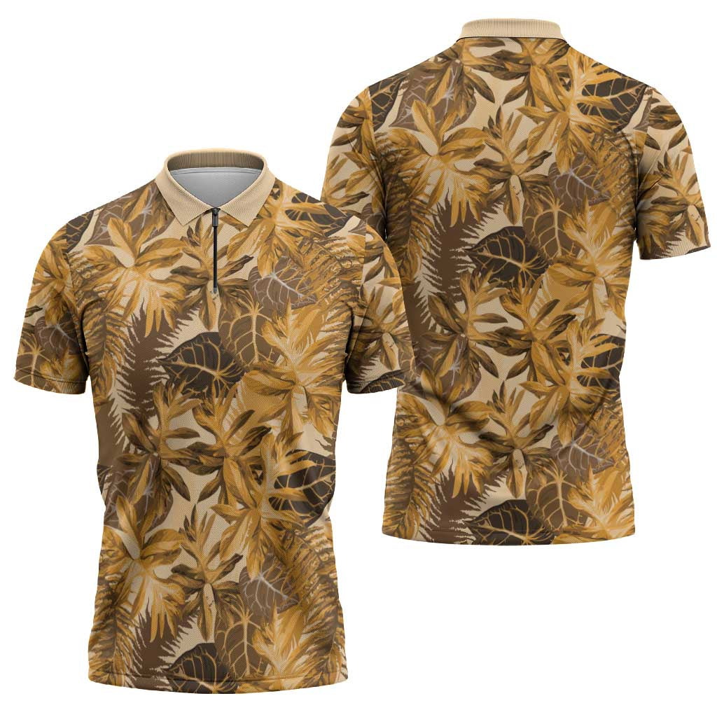 Hawaii Gold Tropical Leaves Zipper Polo Shirt - Polynesian Pride