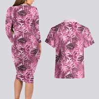 Hawaii Pink Tropical Leaves Couples Matching Long Sleeve Bodycon Dress and Hawaiian Shirt LT01 - Polynesian Pride