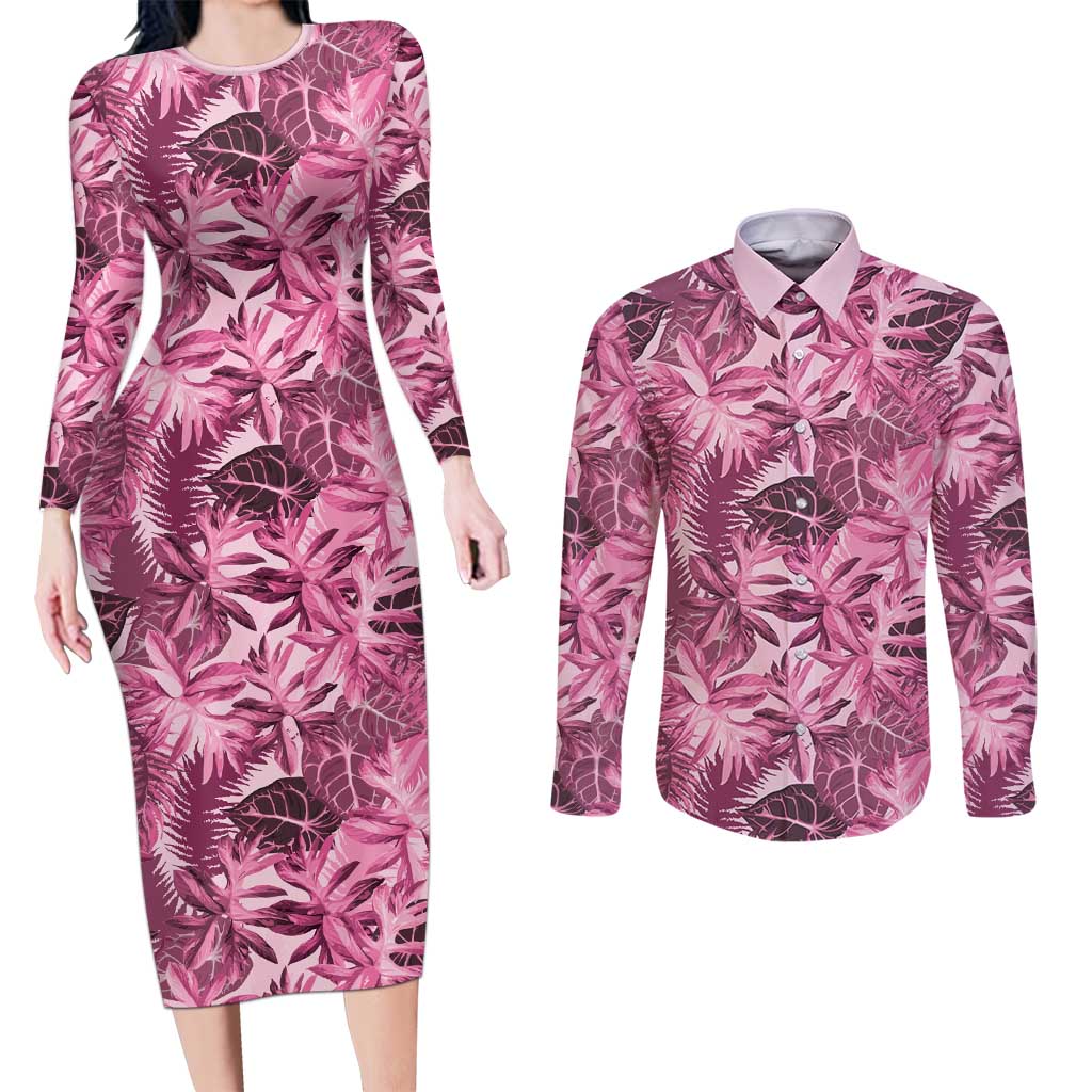 Hawaii Pink Tropical Leaves Couples Matching Long Sleeve Bodycon Dress and Long Sleeve Button Shirt LT01 Pink - Polynesian Pride