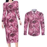 Hawaii Pink Tropical Leaves Couples Matching Long Sleeve Bodycon Dress and Long Sleeve Button Shirt LT01 Pink - Polynesian Pride