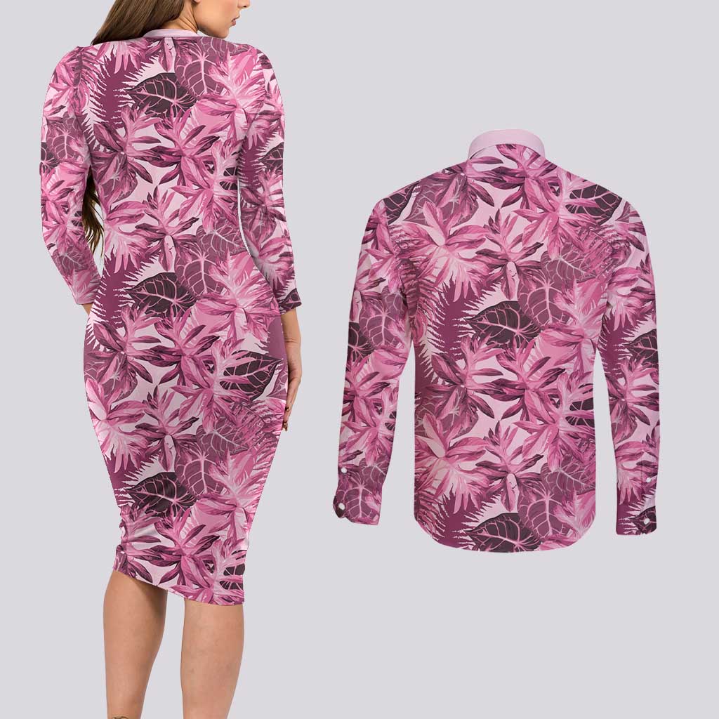Hawaii Pink Tropical Leaves Couples Matching Long Sleeve Bodycon Dress and Long Sleeve Button Shirt LT01 - Polynesian Pride