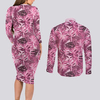 Hawaii Pink Tropical Leaves Couples Matching Long Sleeve Bodycon Dress and Long Sleeve Button Shirt LT01 - Polynesian Pride