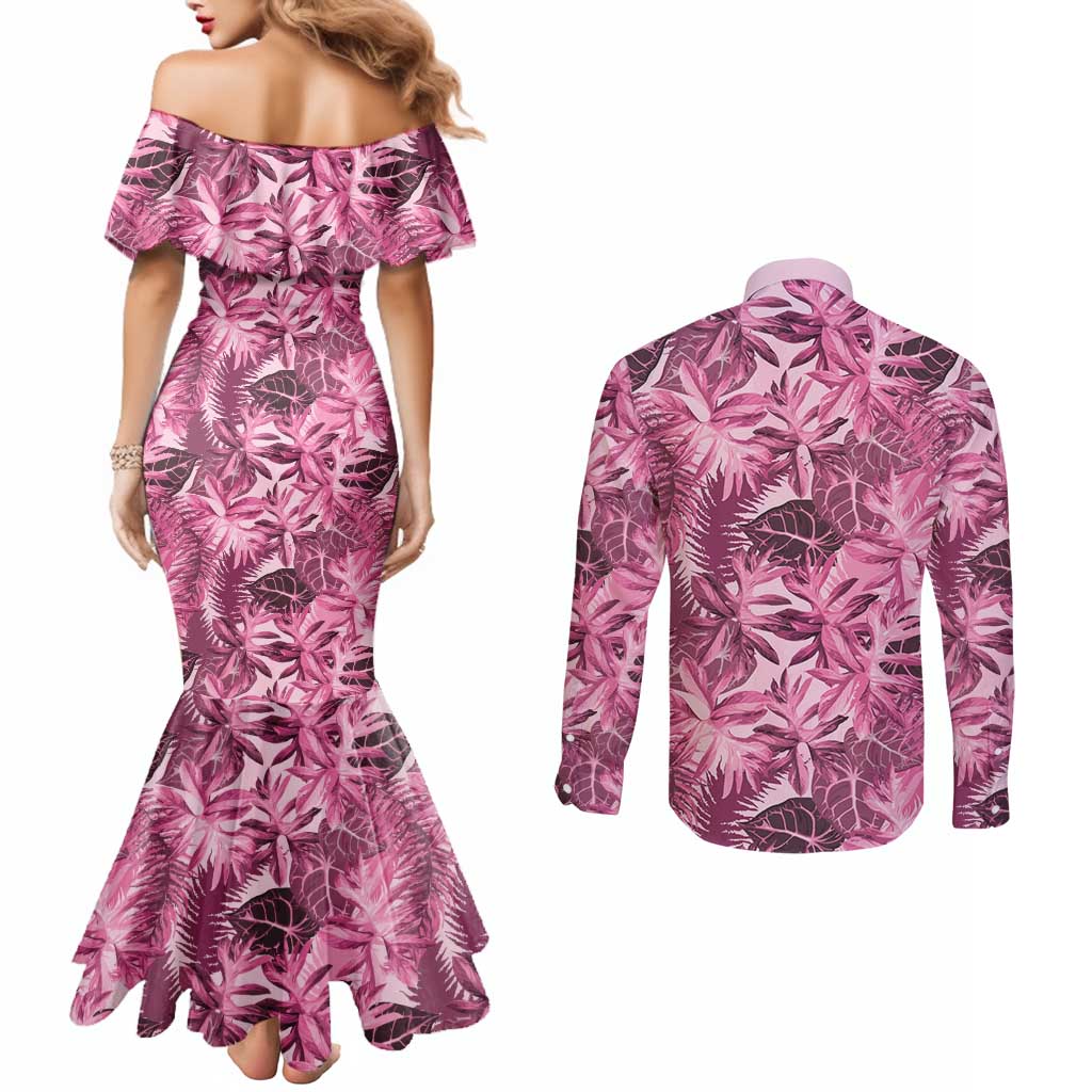 Hawaii Pink Tropical Leaves Couples Matching Mermaid Dress and Long Sleeve Button Shirt LT01 - Polynesian Pride
