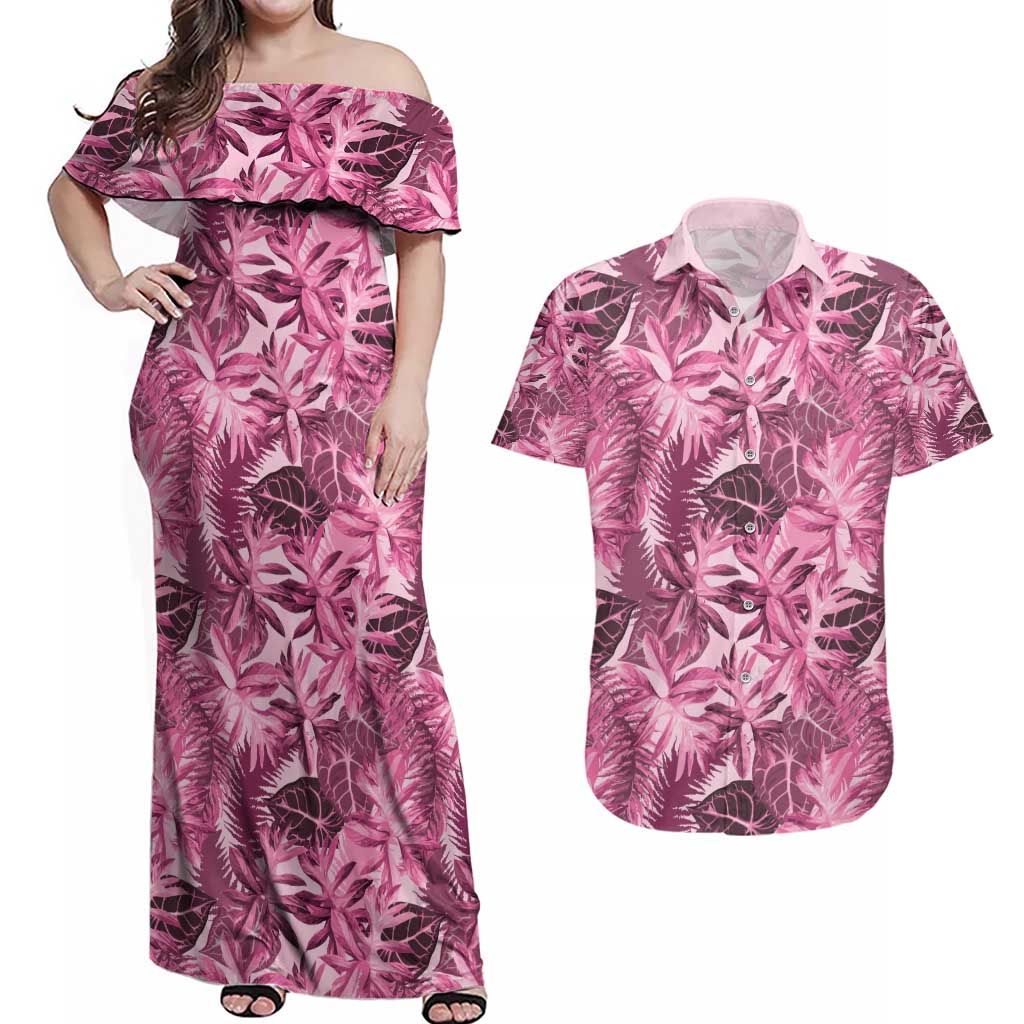Hawaii Pink Tropical Leaves Couples Matching Off Shoulder Maxi Dress and Hawaiian Shirt LT01 Pink - Polynesian Pride
