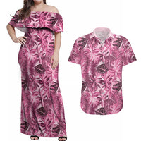 Hawaii Pink Tropical Leaves Couples Matching Off Shoulder Maxi Dress and Hawaiian Shirt LT01 Pink - Polynesian Pride