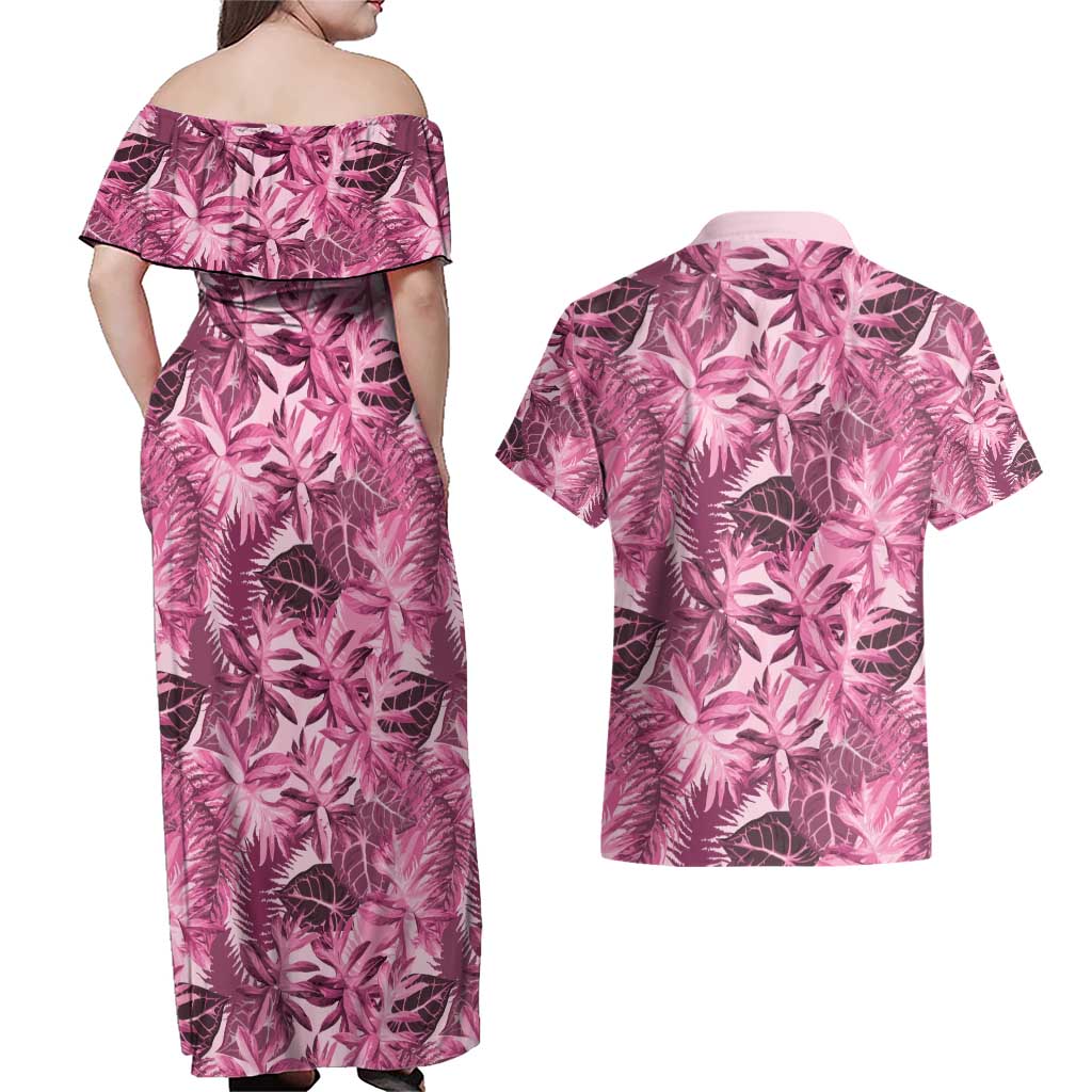 Hawaii Pink Tropical Leaves Couples Matching Off Shoulder Maxi Dress and Hawaiian Shirt LT01 - Polynesian Pride