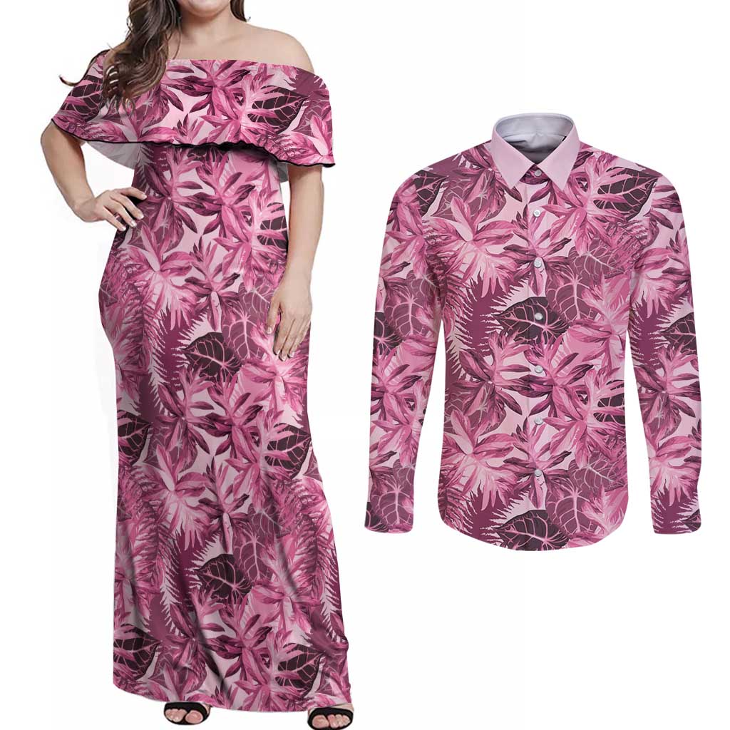 Hawaii Pink Tropical Leaves Couples Matching Off Shoulder Maxi Dress and Long Sleeve Button Shirt LT01 Pink - Polynesian Pride