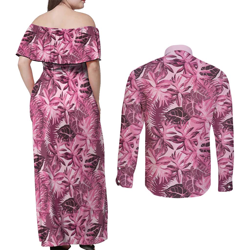 Hawaii Pink Tropical Leaves Couples Matching Off Shoulder Maxi Dress and Long Sleeve Button Shirt LT01 - Polynesian Pride