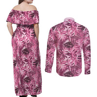 Hawaii Pink Tropical Leaves Couples Matching Off Shoulder Maxi Dress and Long Sleeve Button Shirt LT01 - Polynesian Pride