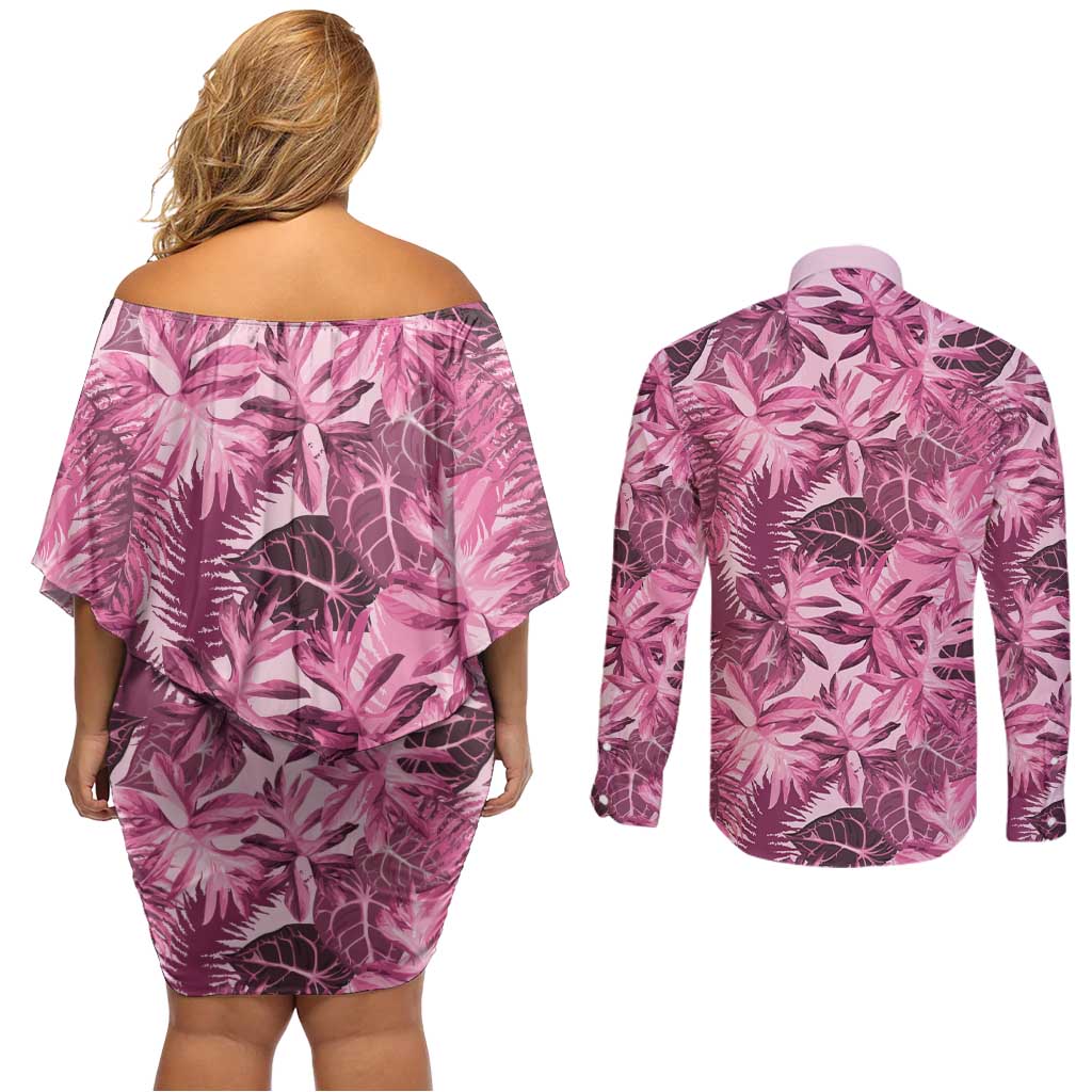 Hawaii Pink Tropical Leaves Couples Matching Off Shoulder Short Dress and Long Sleeve Button Shirt LT01 - Polynesian Pride