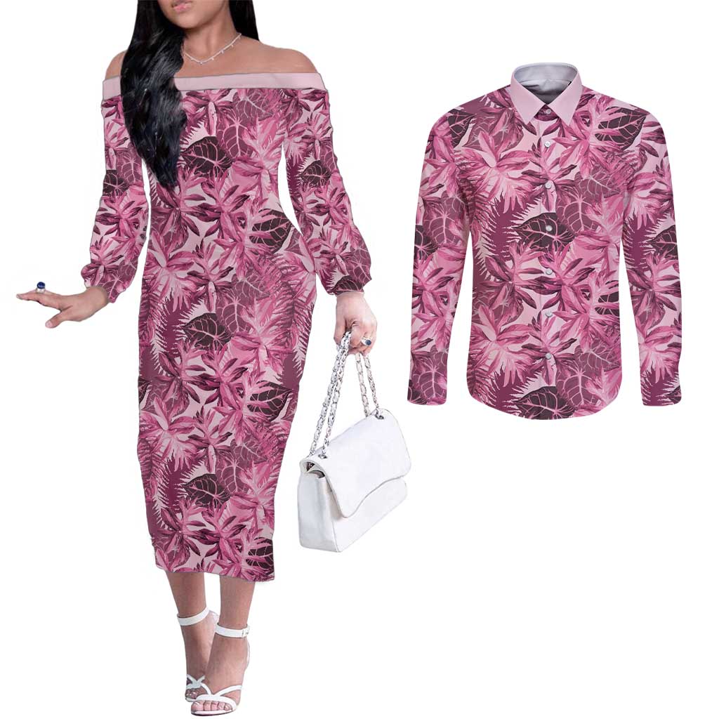 Hawaii Pink Tropical Leaves Couples Matching Off The Shoulder Long Sleeve Dress and Long Sleeve Button Shirt LT01 Pink - Polynesian Pride