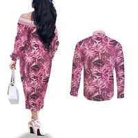 Hawaii Pink Tropical Leaves Couples Matching Off The Shoulder Long Sleeve Dress and Long Sleeve Button Shirt LT01 - Polynesian Pride