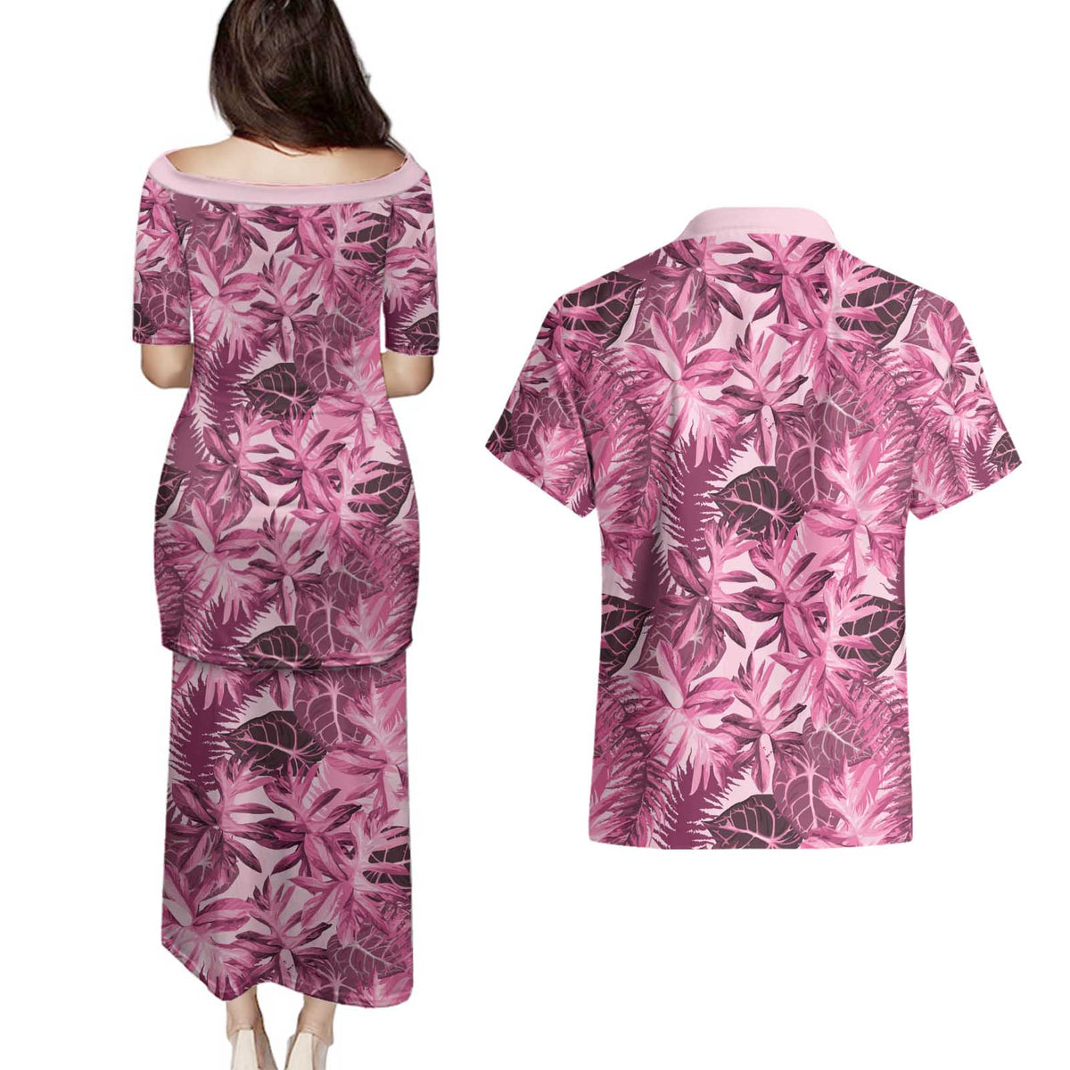 Hawaii Pink Tropical Leaves Couples Matching Puletasi and Hawaiian Shirt LT01 - Polynesian Pride