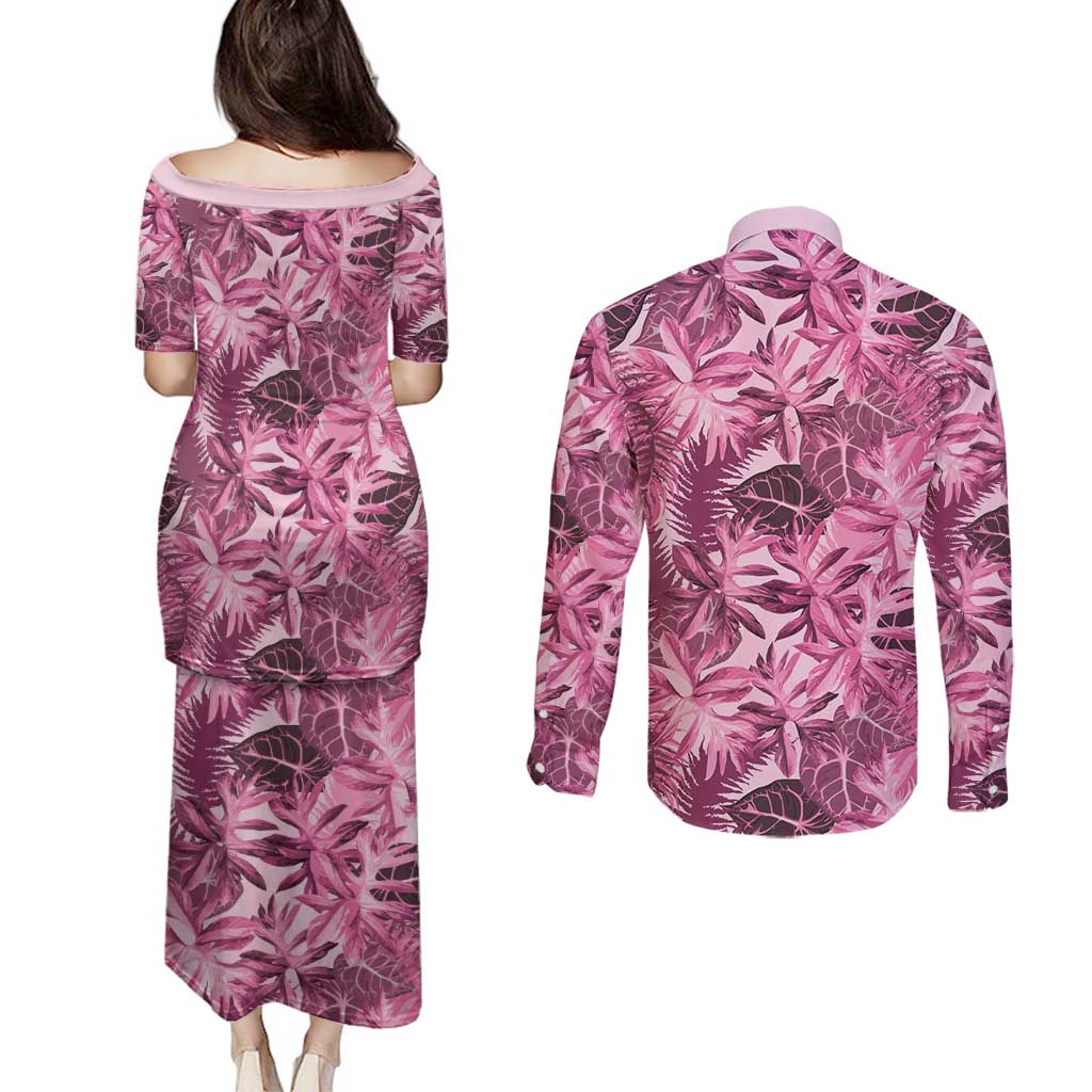 Hawaii Pink Tropical Leaves Couples Matching Puletasi and Long Sleeve Button Shirt LT01 - Polynesian Pride
