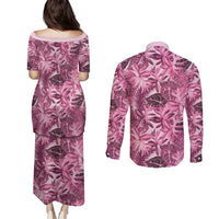 Hawaii Pink Tropical Leaves Couples Matching Puletasi and Long Sleeve Button Shirt LT01 - Polynesian Pride